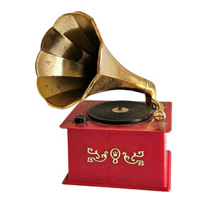 Vintage Gramophone Style Music Box Made in Germany Red & Gold Wind-Up Works